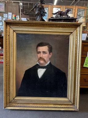 19TH CENTURY MUSTACHIO MAN OIL PAINTING AS FOUND artistic wall mural