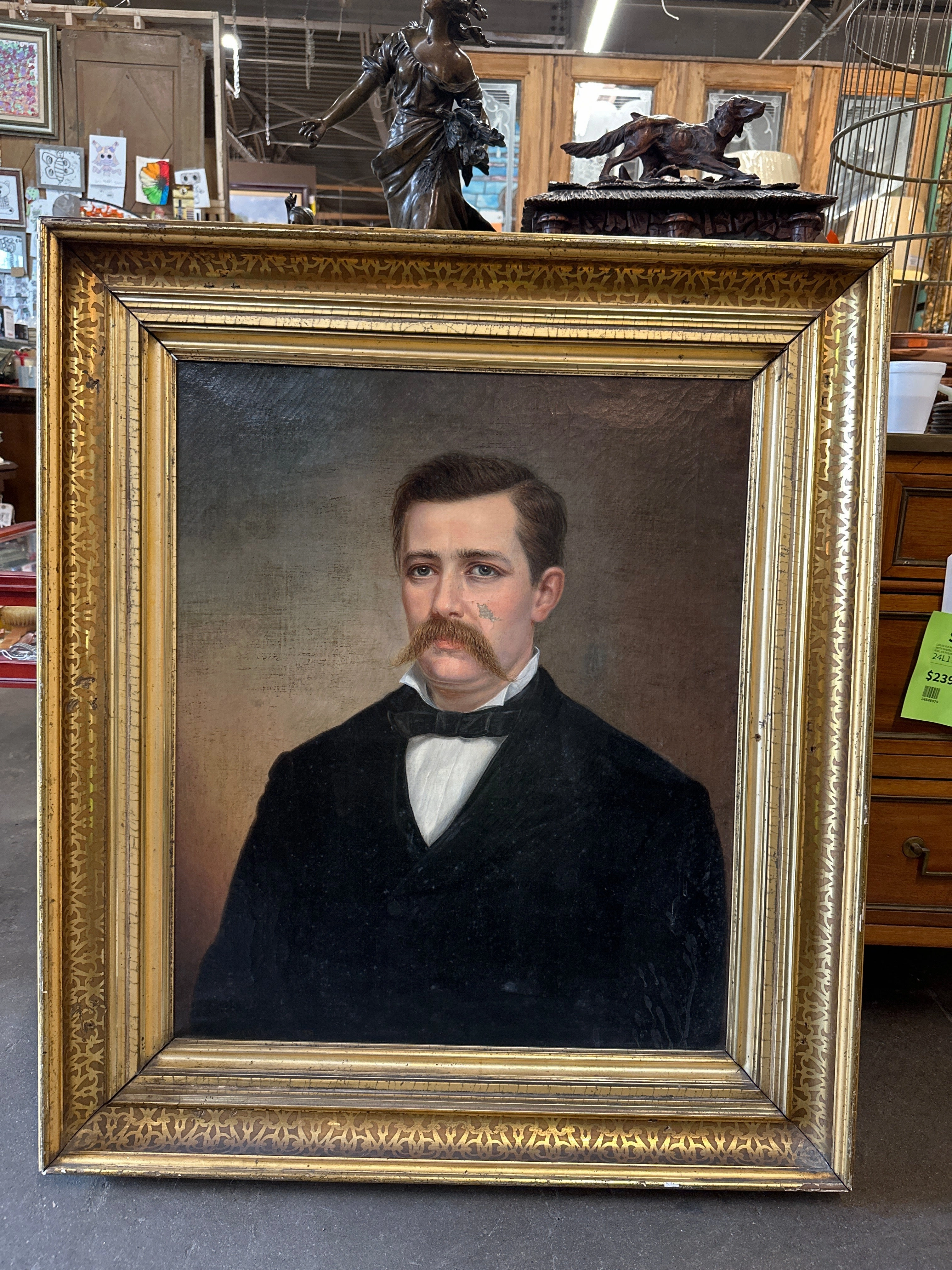 19TH CENTURY MUSTACHIO MAN OIL PAINTING AS FOUND artistic wall mural