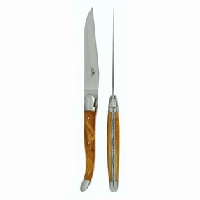 2 Piece Steak Knife Set in Olive Wood Handle Satin Finish cute desktop display