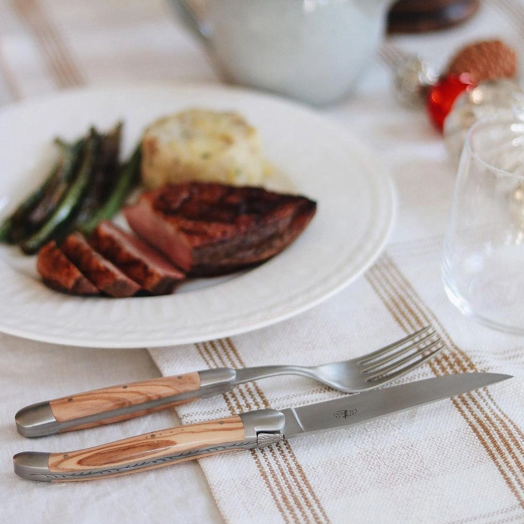 2 Piece Steak Knife Set in Olive Wood Handle Satin Finish