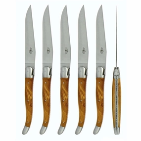 6 Piece Steak Knife Set in Olive Wood Satin Finish cute desktop display