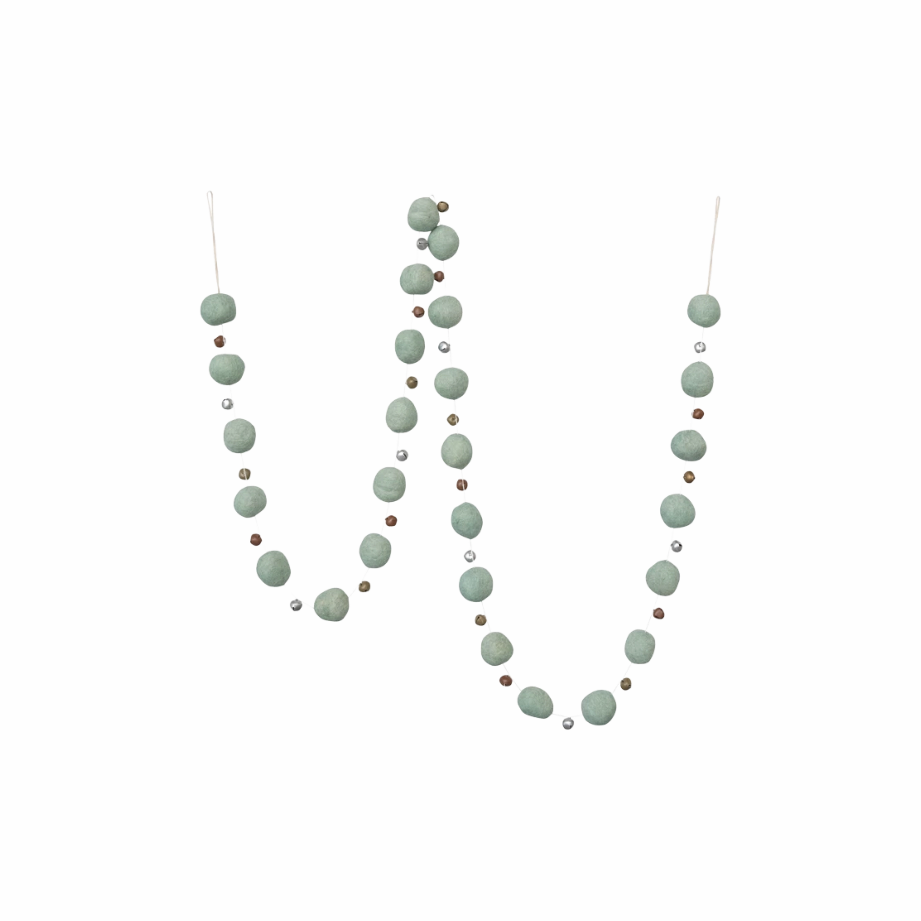 72"L Wool Felt Ball Garland with Jingle Bells, Mint Color minimalist art object  