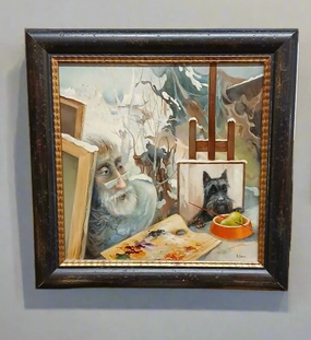 -FRAMED OIL PAINTING OF AN ARTIST LOOKING AT HIS SCOTTIE PAINTING artistic wall mural