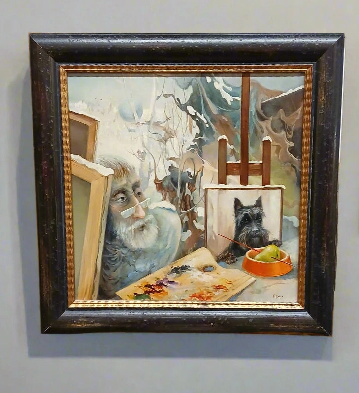 -FRAMED OIL PAINTING OF AN ARTIST LOOKING AT HIS SCOTTIE PAINTING artistic wall mural