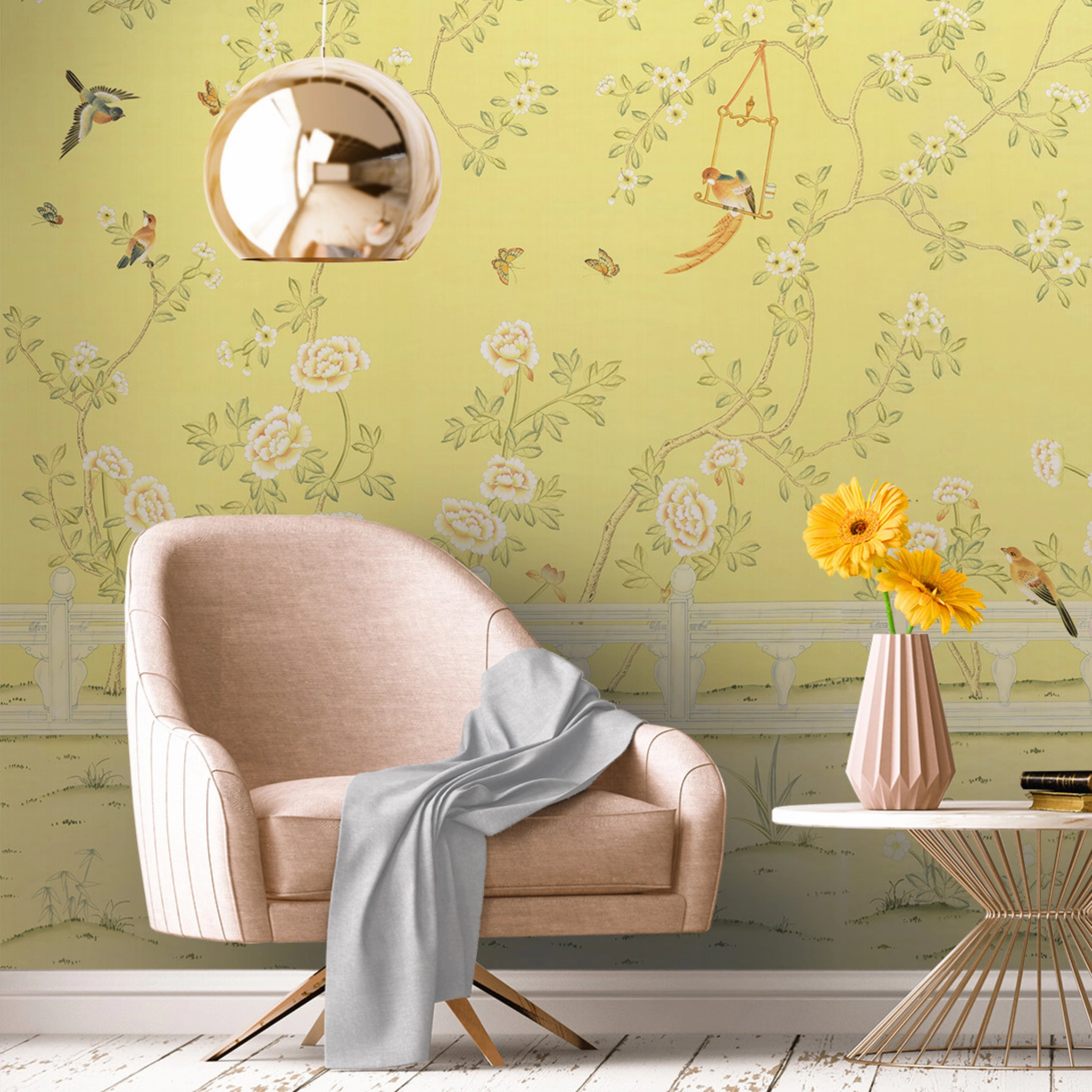 Adriana Chinoiserie Mural Wallpaper Panels in Canary