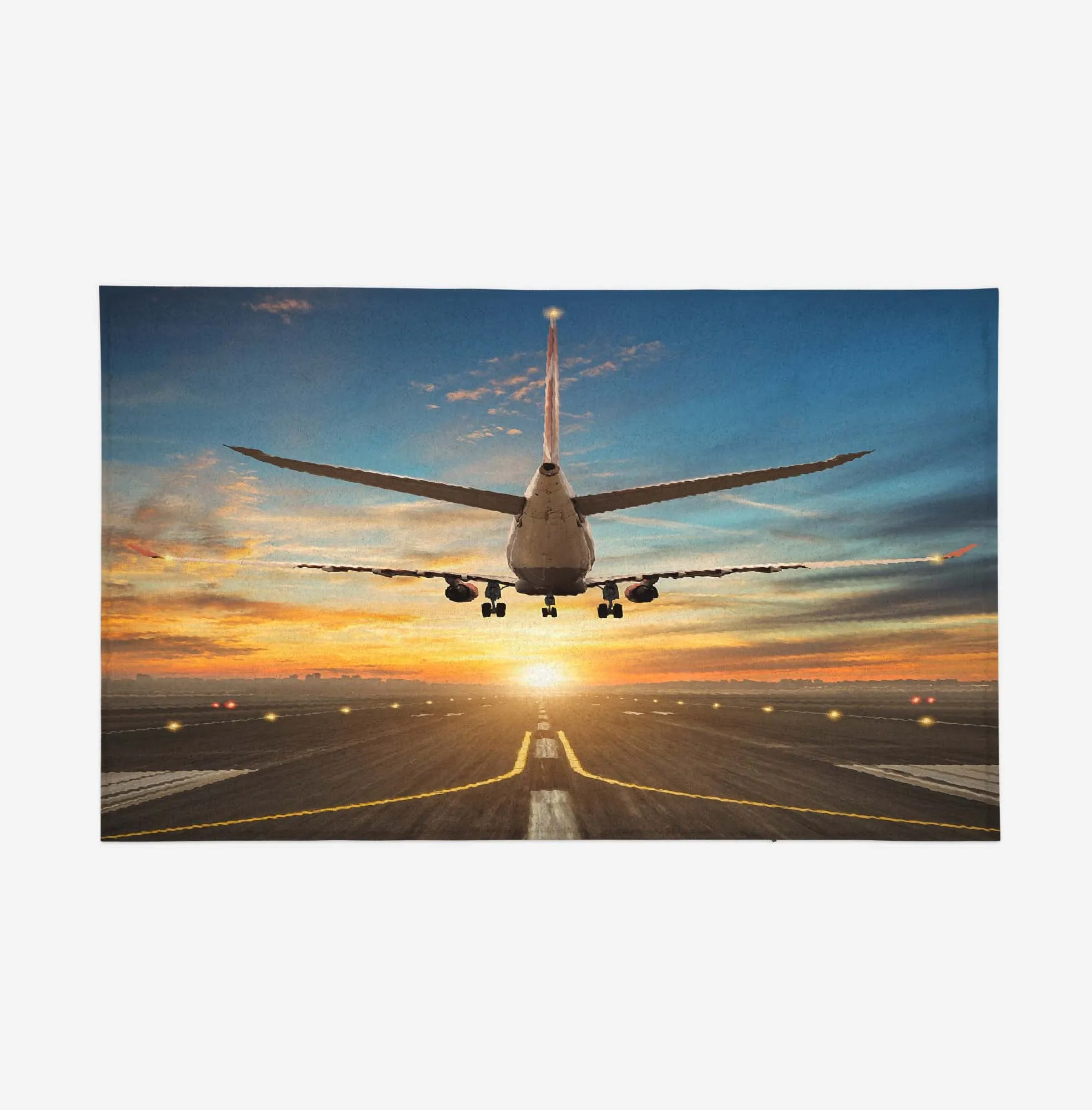 Airplane over Runway Towards the Sunrise Designed Door Mats