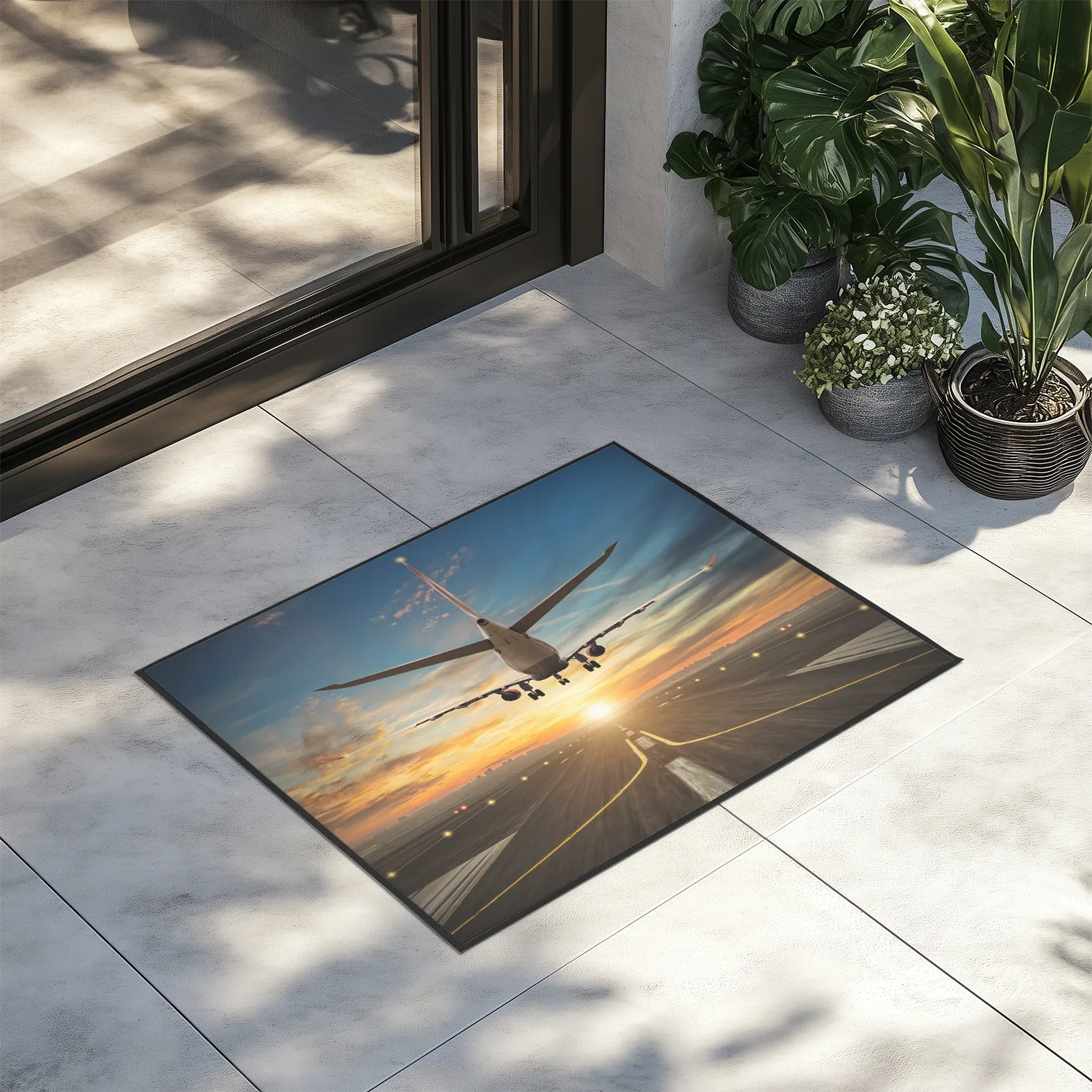 Airplane over Runway Towards the Sunrise Designed Door Mats door entrance rug