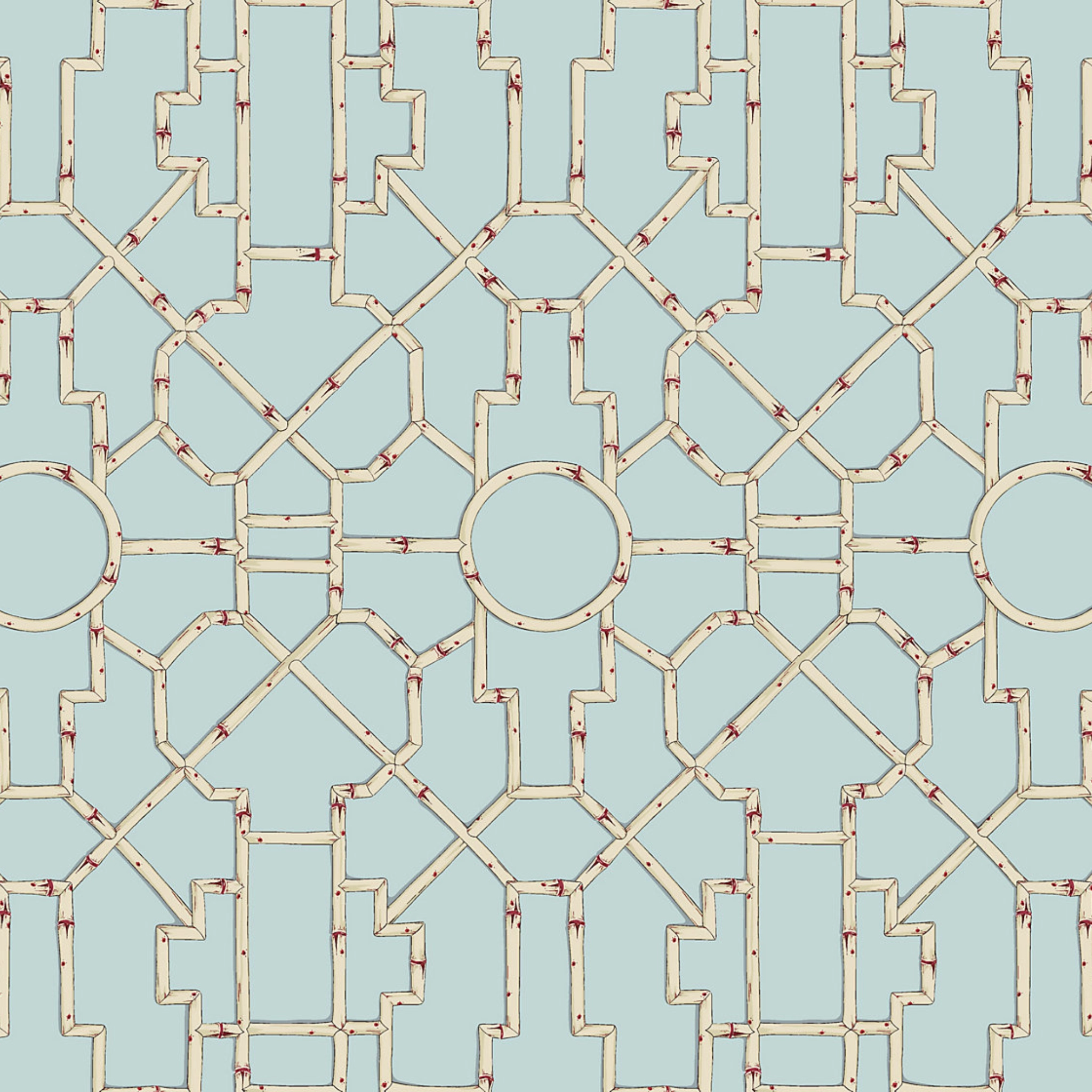 Baldwin Bamboo Wallpaper, Cream & Red on Aqua paper wall covering