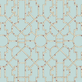 Baldwin Bamboo Wallpaper, Cream & Red on Aqua paper wall covering