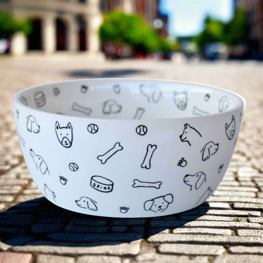 Black and white porcelain dog bowl