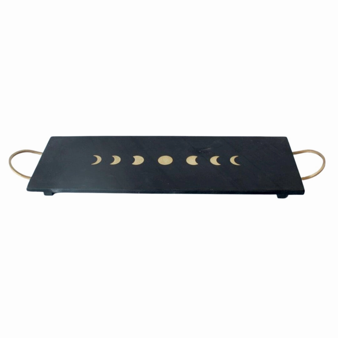 Black slate & brass inlay marble tray with handles 46x15cm