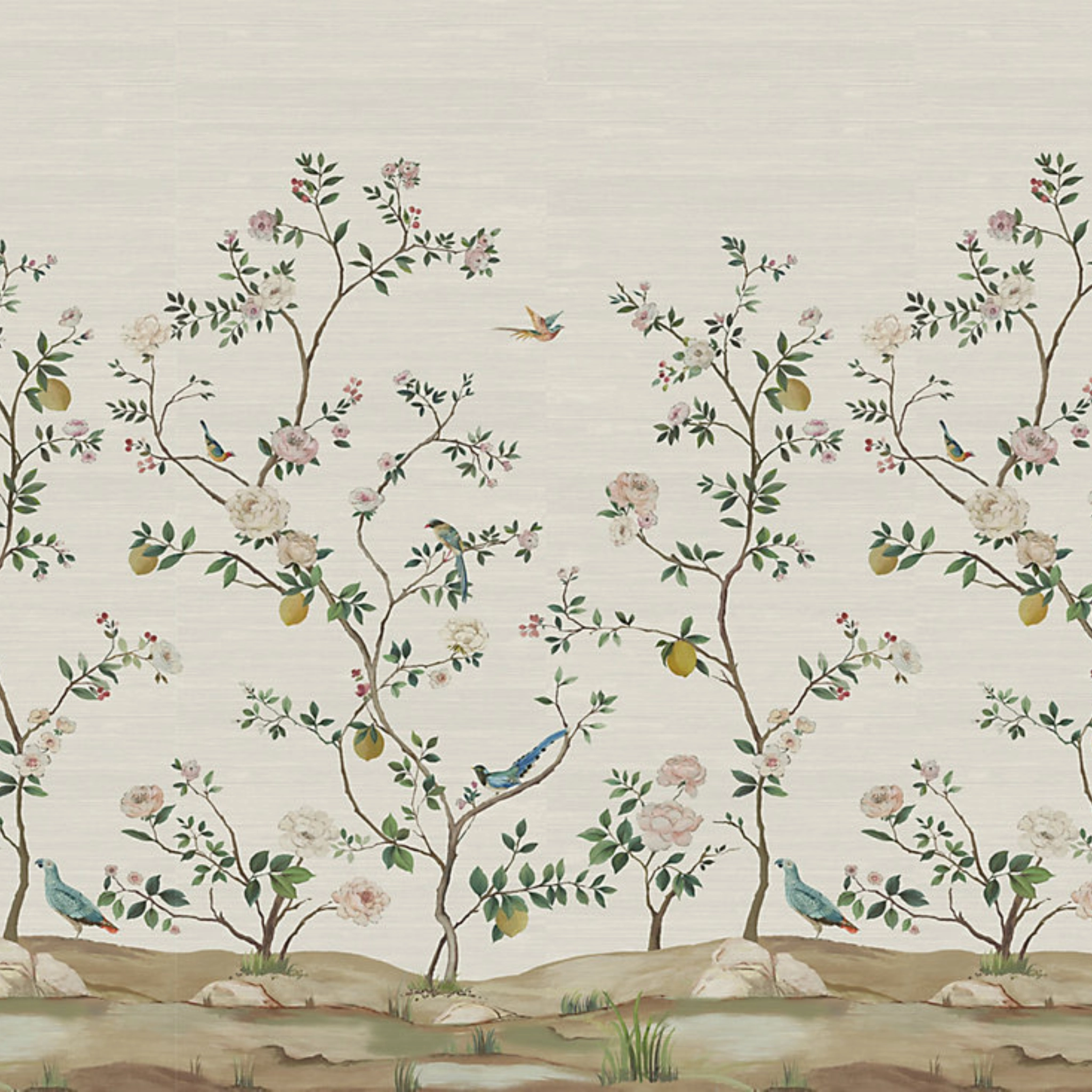 Blossom Chinoiserie Mural in Silver Mist on Grasscloth paper wall covering