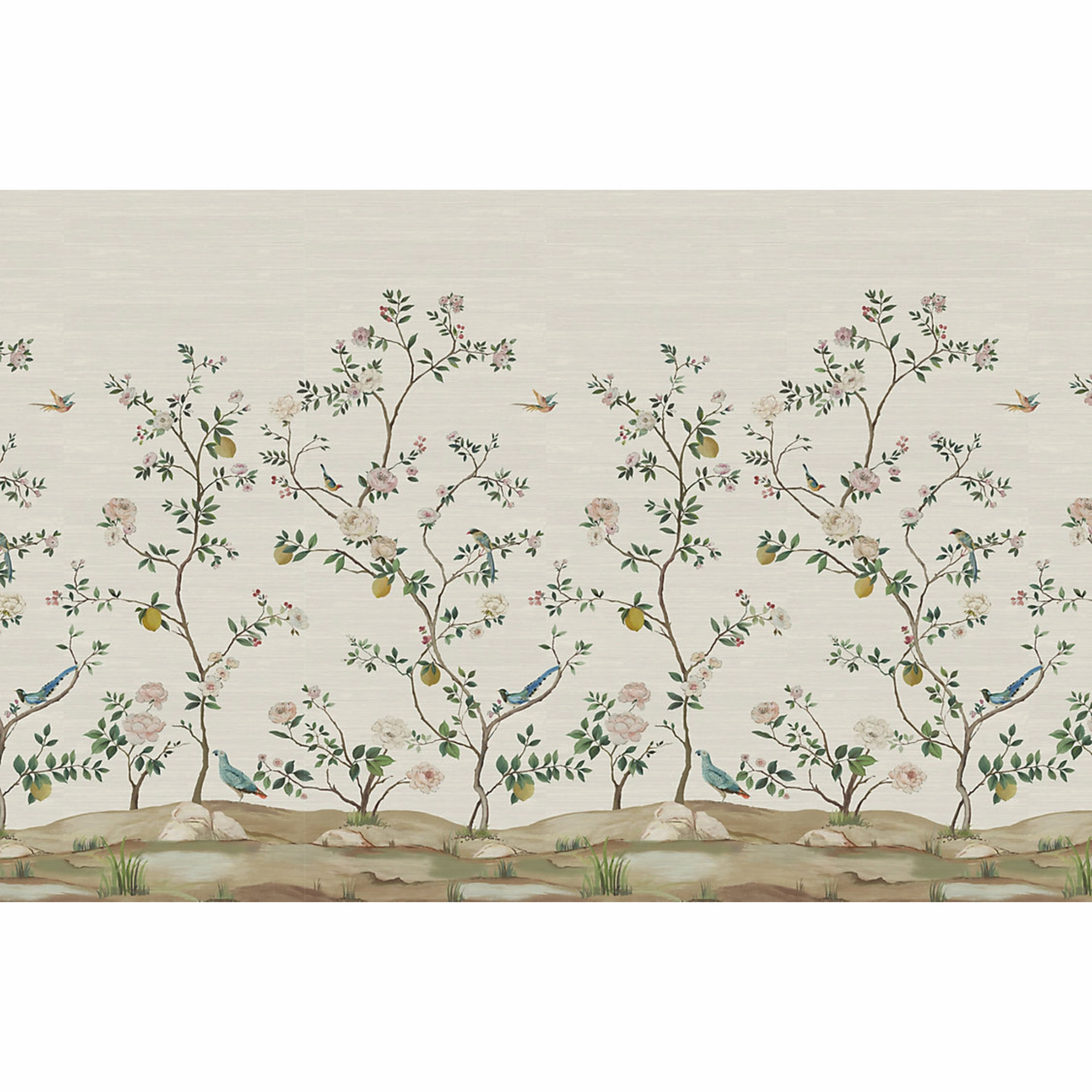Blossom Chinoiserie Mural in Silver Mist on Grasscloth