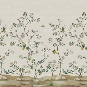 Blossom Chinoiserie Mural in Silver Mist on Grasscloth paper wall covering