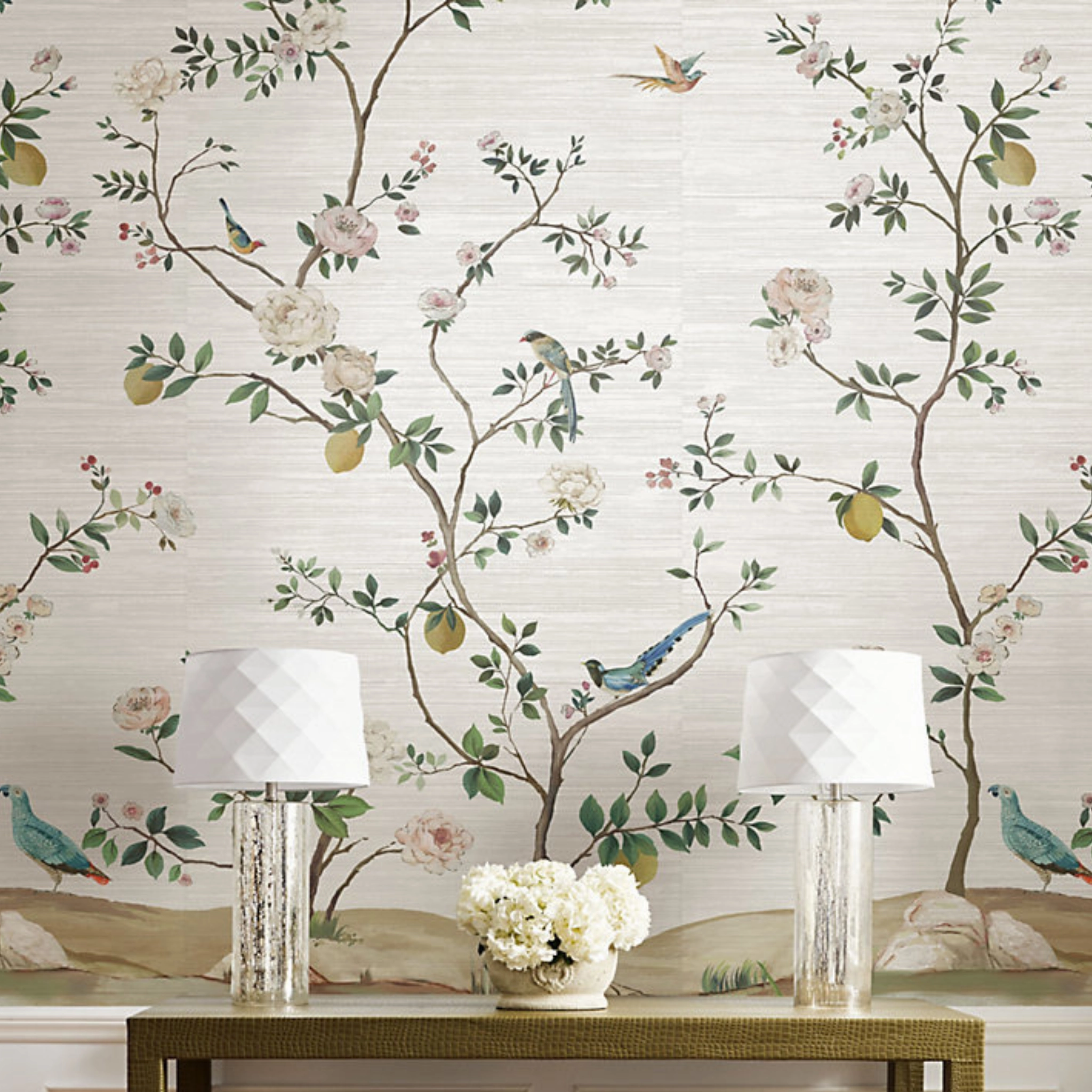 Blossom Chinoiserie Mural in Silver Mist on Grasscloth