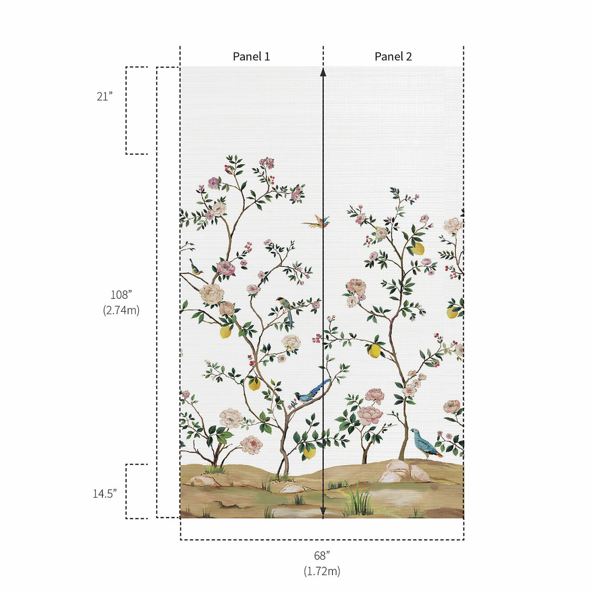 Blossom Chinoiserie Mural in Silver Mist on Grasscloth