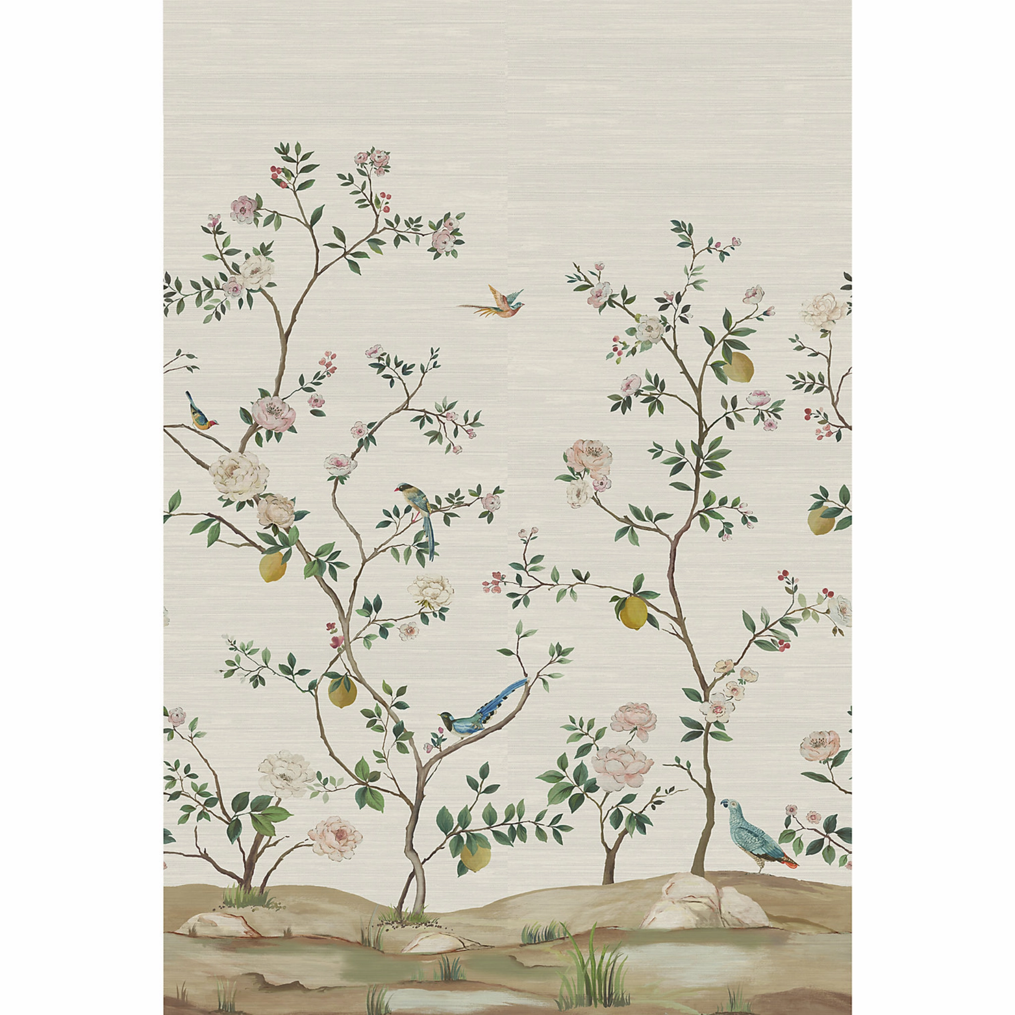 Blossom Chinoiserie Mural in Silver Mist on Grasscloth