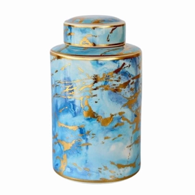 BLUE & GOLD MARBLED JAR WITH LID 30X17CM decorative home ornament