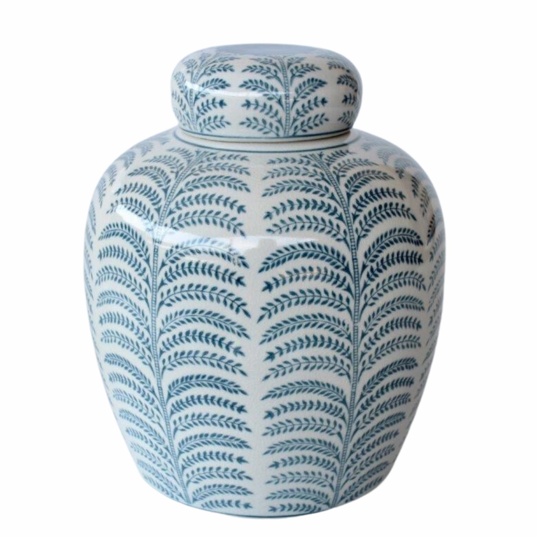 Blue & White Fern Jar With Lid 24X20cm
