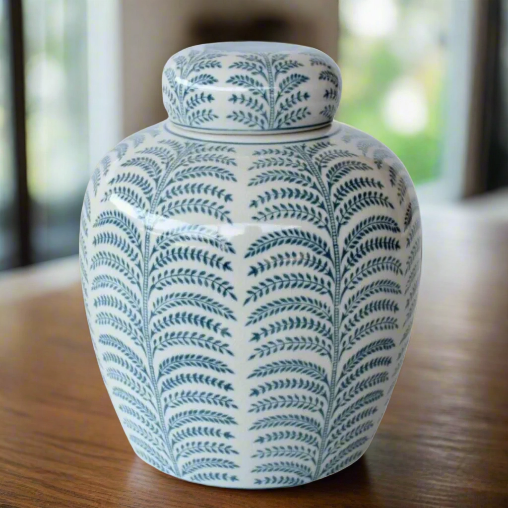 Blue & White Fern Jar With Lid 24X20cm