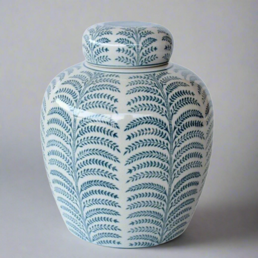Blue & White Fern Jar With Lid 24X20cm decorative home ornament