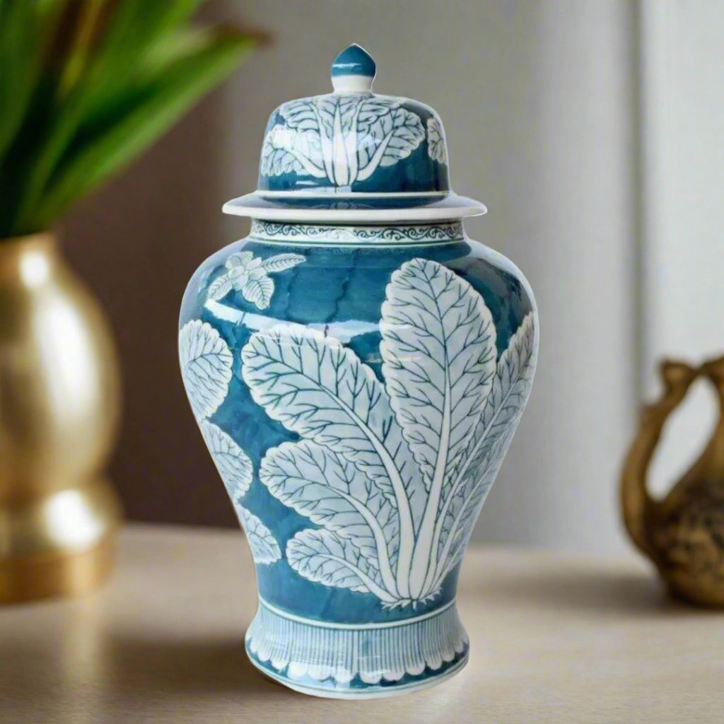 Blue & White Leaf Design Ginger Jar  43X25cm