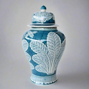 Blue & White Leaf Design Ginger Jar  43X25cm decorative home ornament