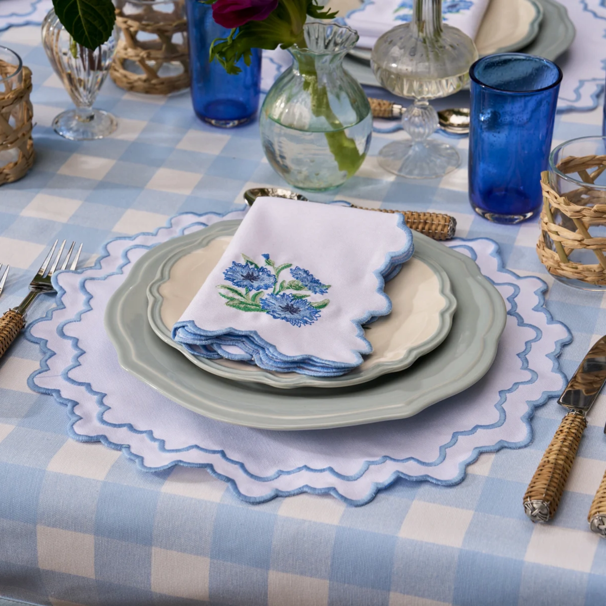 Blue Lotus Flower Embroidered Placemat & Napkin Set