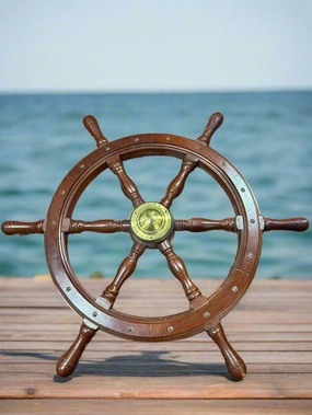 BRASS AND MAHOGANY SHIP'S WHEEL artistic wall mural