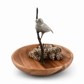 Bronze Song Bird Wood Tidbit Server Bowl mini desktop sculpture