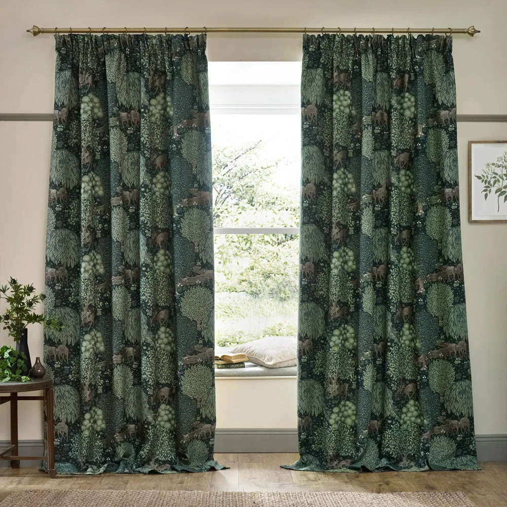 Brook Woodland Jacquard Pencil Pleat Curtains Forest Green