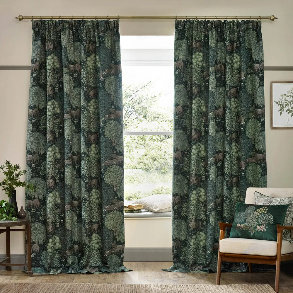 Brook Woodland Jacquard Pencil Pleat Curtains Forest Green