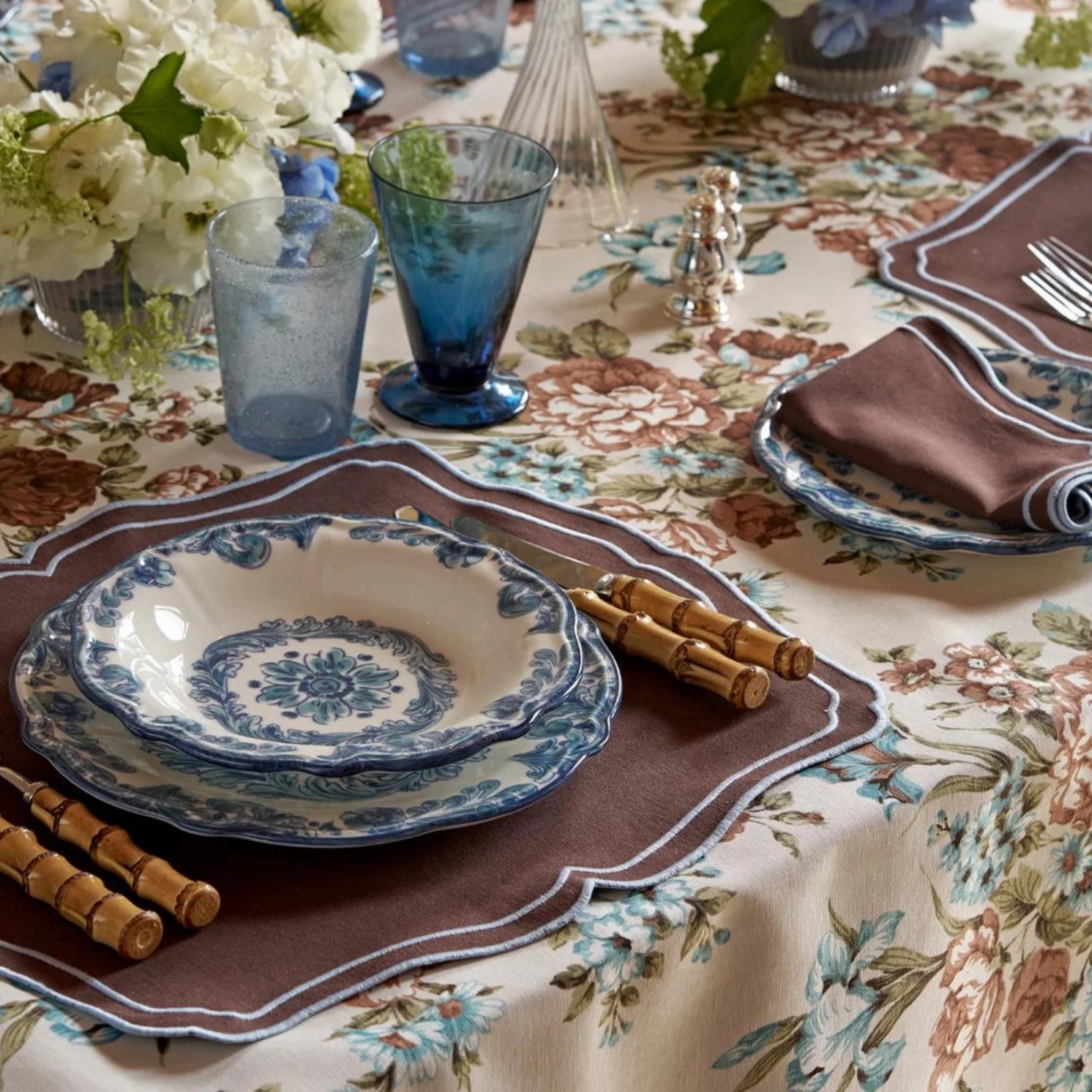 Brown And Turquoise Floral Design Tablecloth