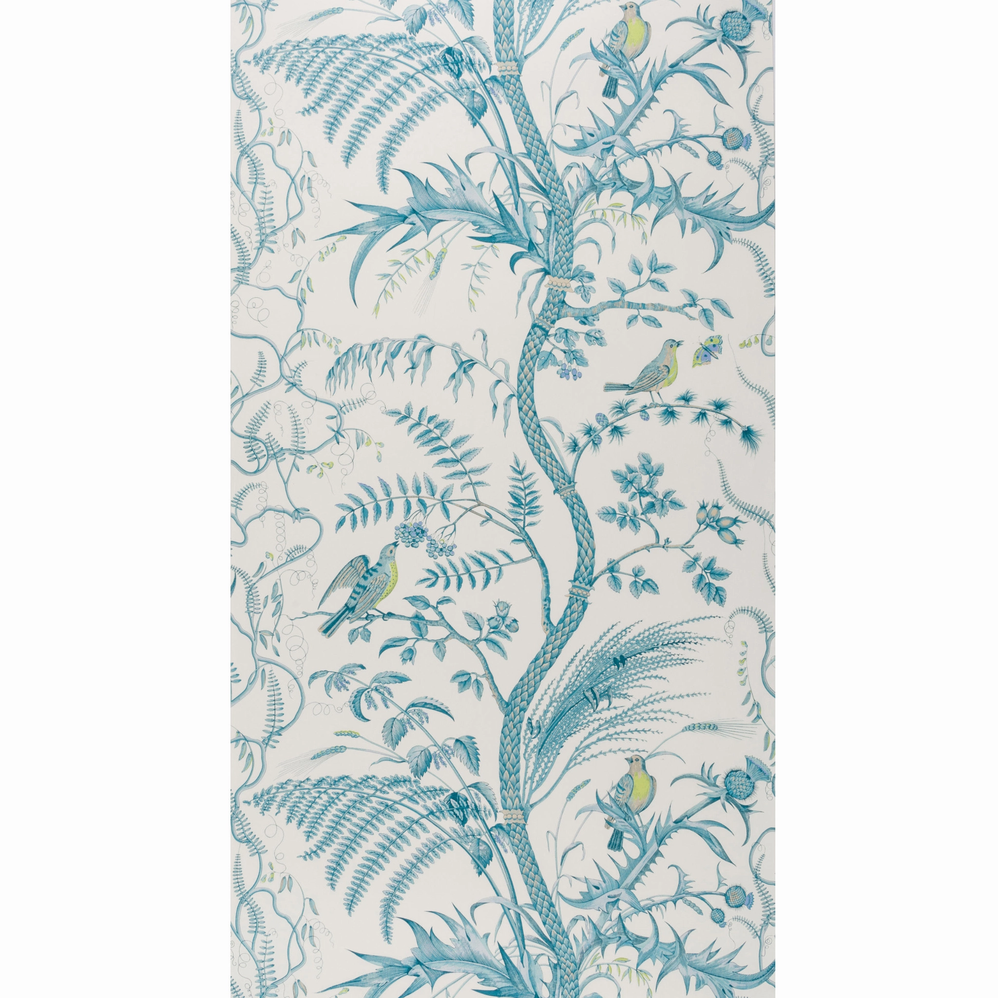 Brunschwig & Fils Aqua Blue Bird and Thistle Print Wallpaper