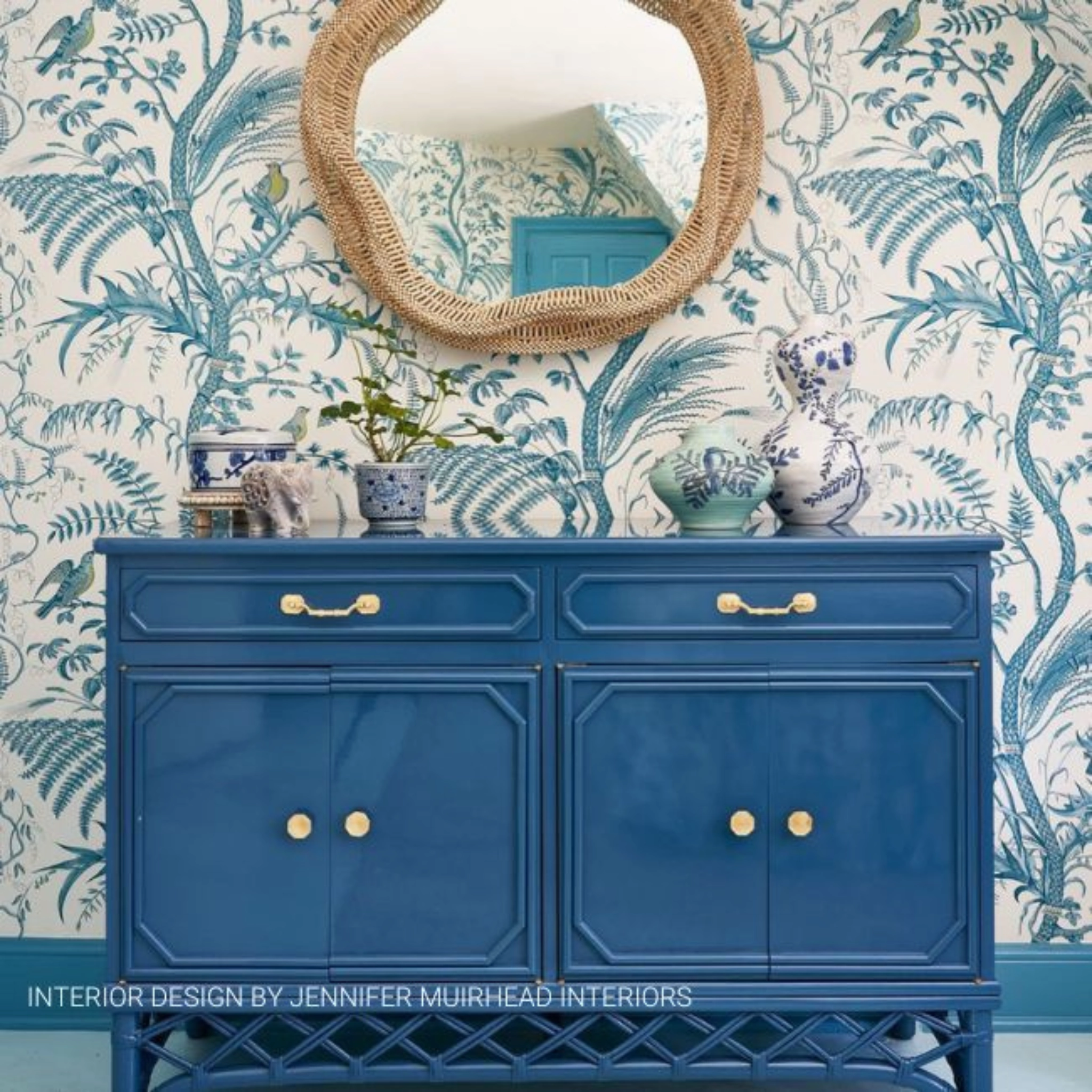 Brunschwig & Fils Aqua Blue Bird and Thistle Print Wallpaper