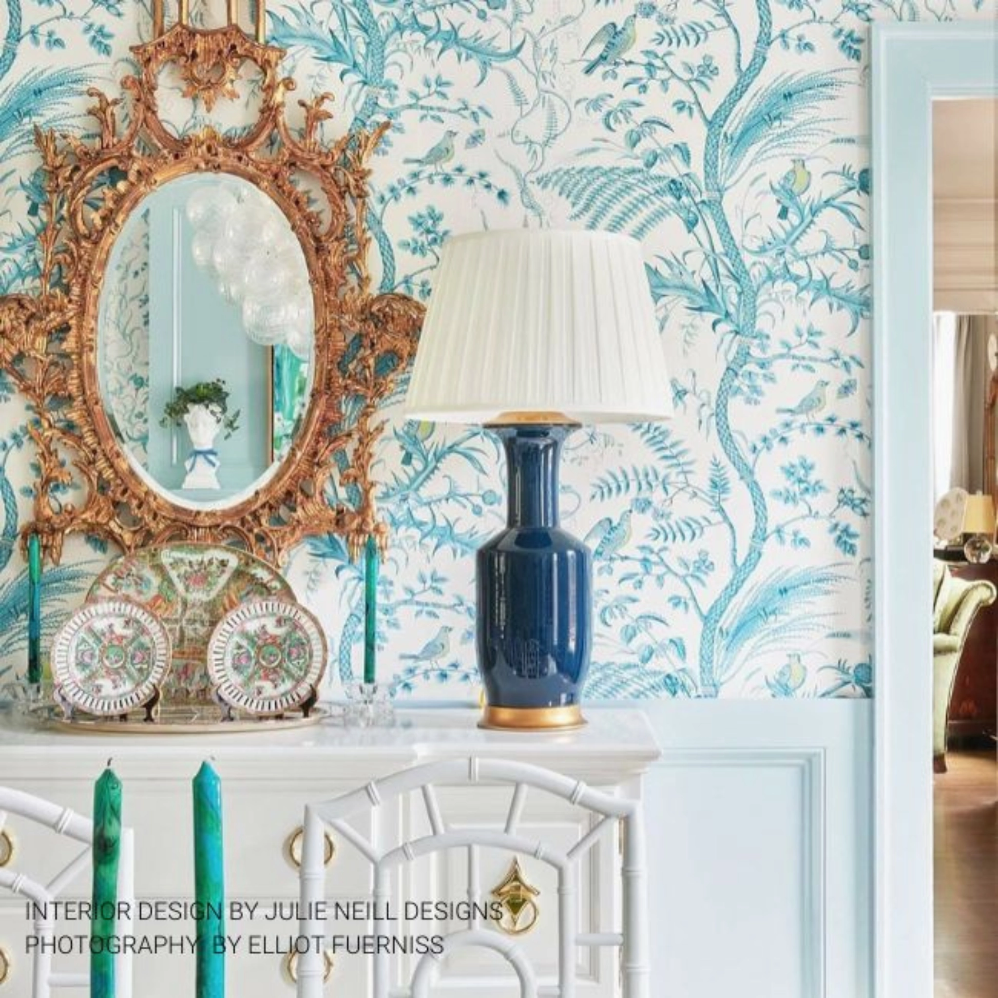 Brunschwig & Fils Aqua Blue Bird and Thistle Print Wallpaper