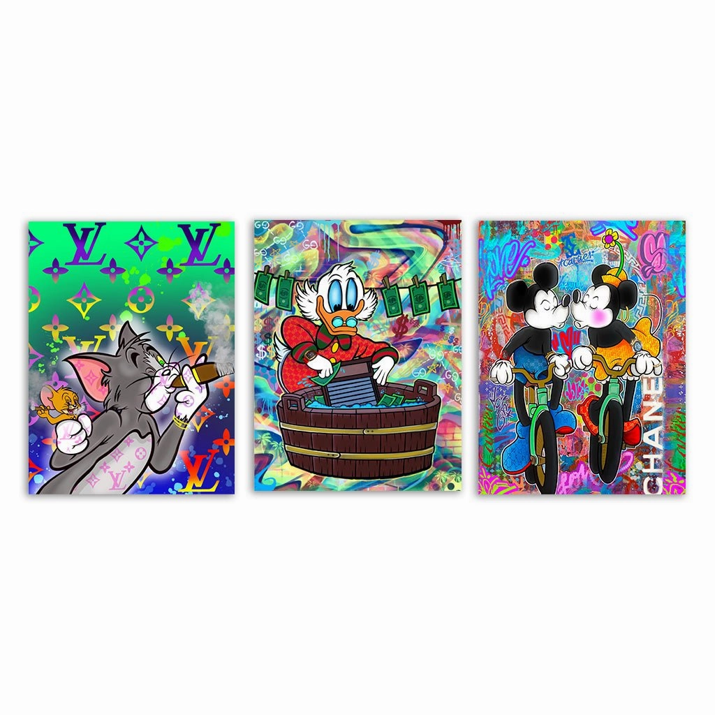 Cartoonidols triptych by Sean Flores framed mural artwork