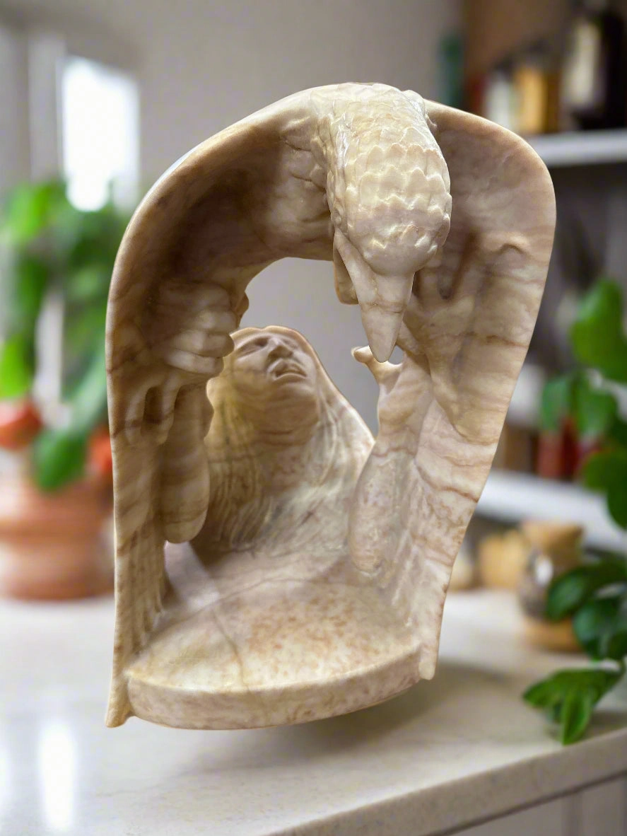 CARVED ALABASTER STAUE OF AN INDIAN HOLDING AN EAGLE artistic wall mural