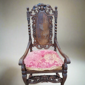 CARVED OAK BARLEY TWIST ARM CHAIR WITH CHERUB CREST artistic wall mural
