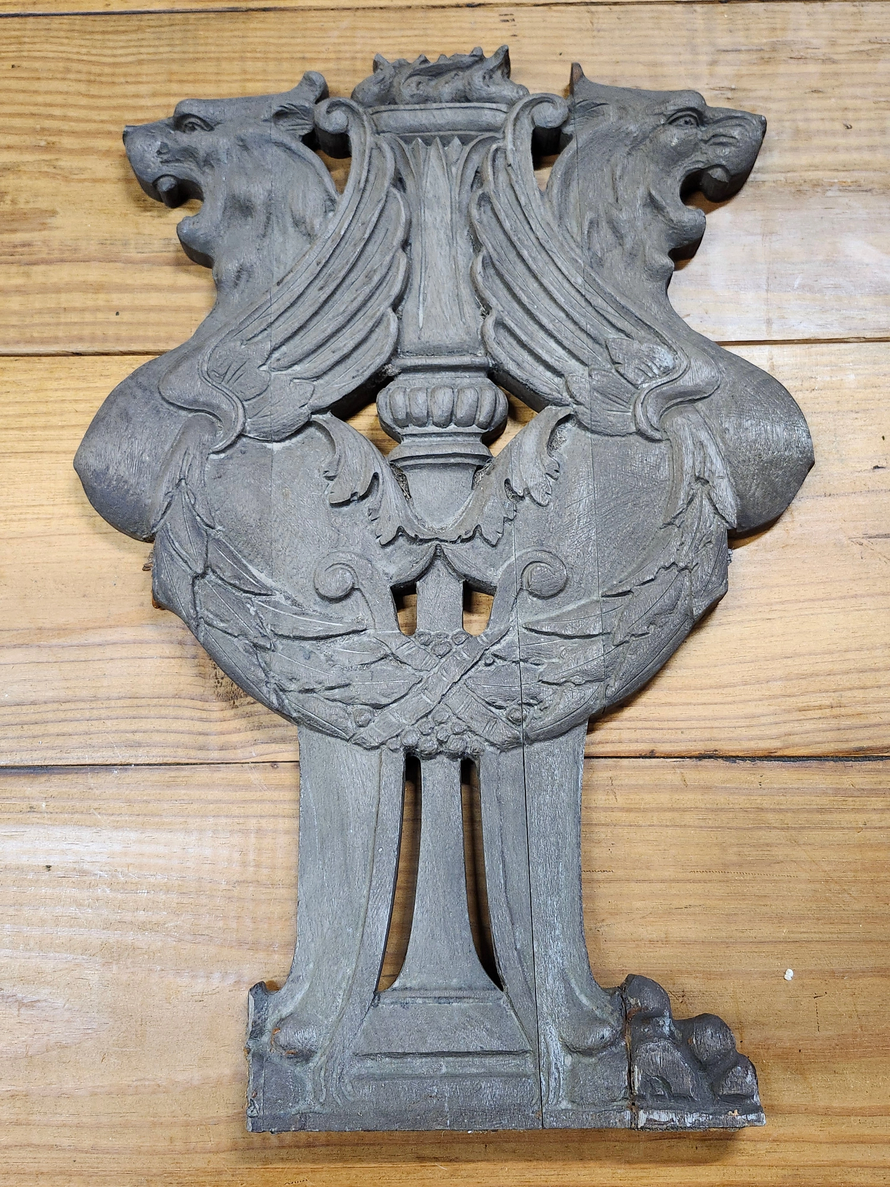 CARVED WOOD  ARCHITECTURAL ORNAMENT WITH GRIFFINS artistic wall mural