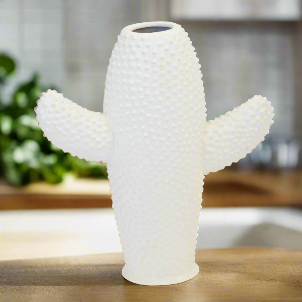 Ceramic cactus vase white flat large