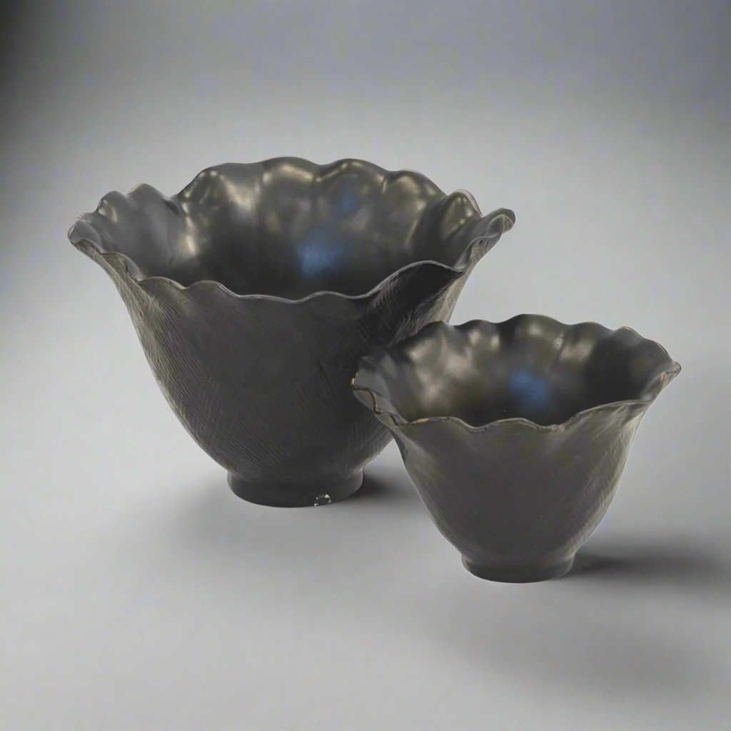 Ceramic scalloped petal votive matt black s/2 decorative home ornament