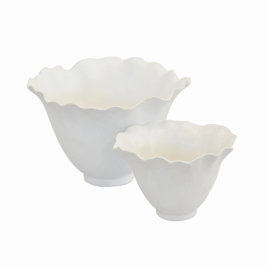 Ceramic scalloped petal votive matt white s/2