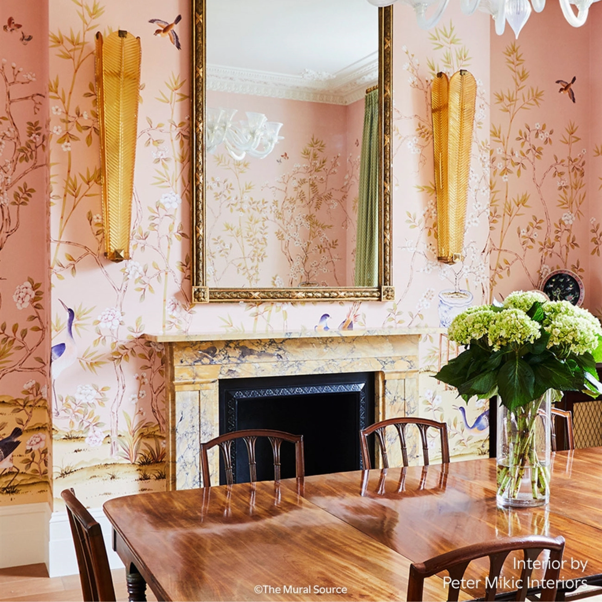 Chai Wan Triptych Chinoiserie Mural Wallpaper Panels in Rose