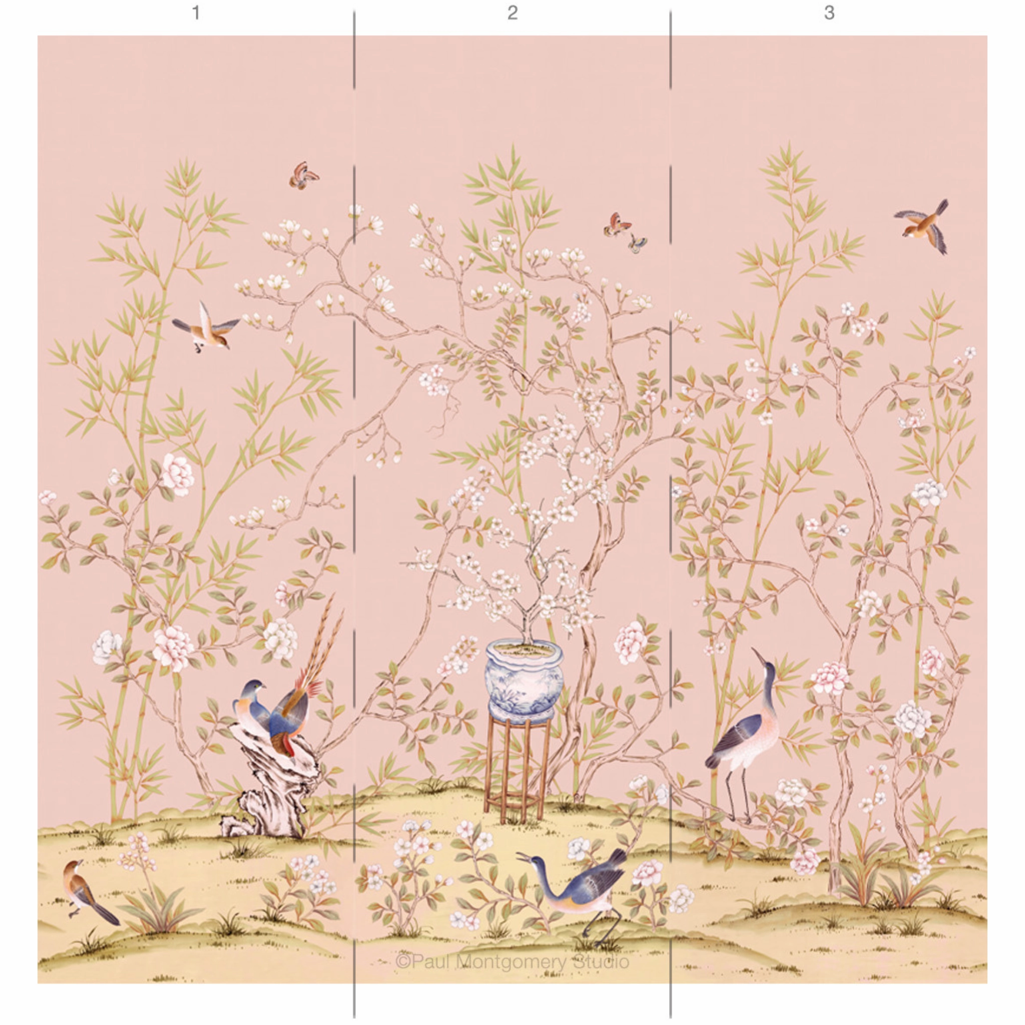 Chai Wan Triptych Chinoiserie Mural Wallpaper Panels in Rose