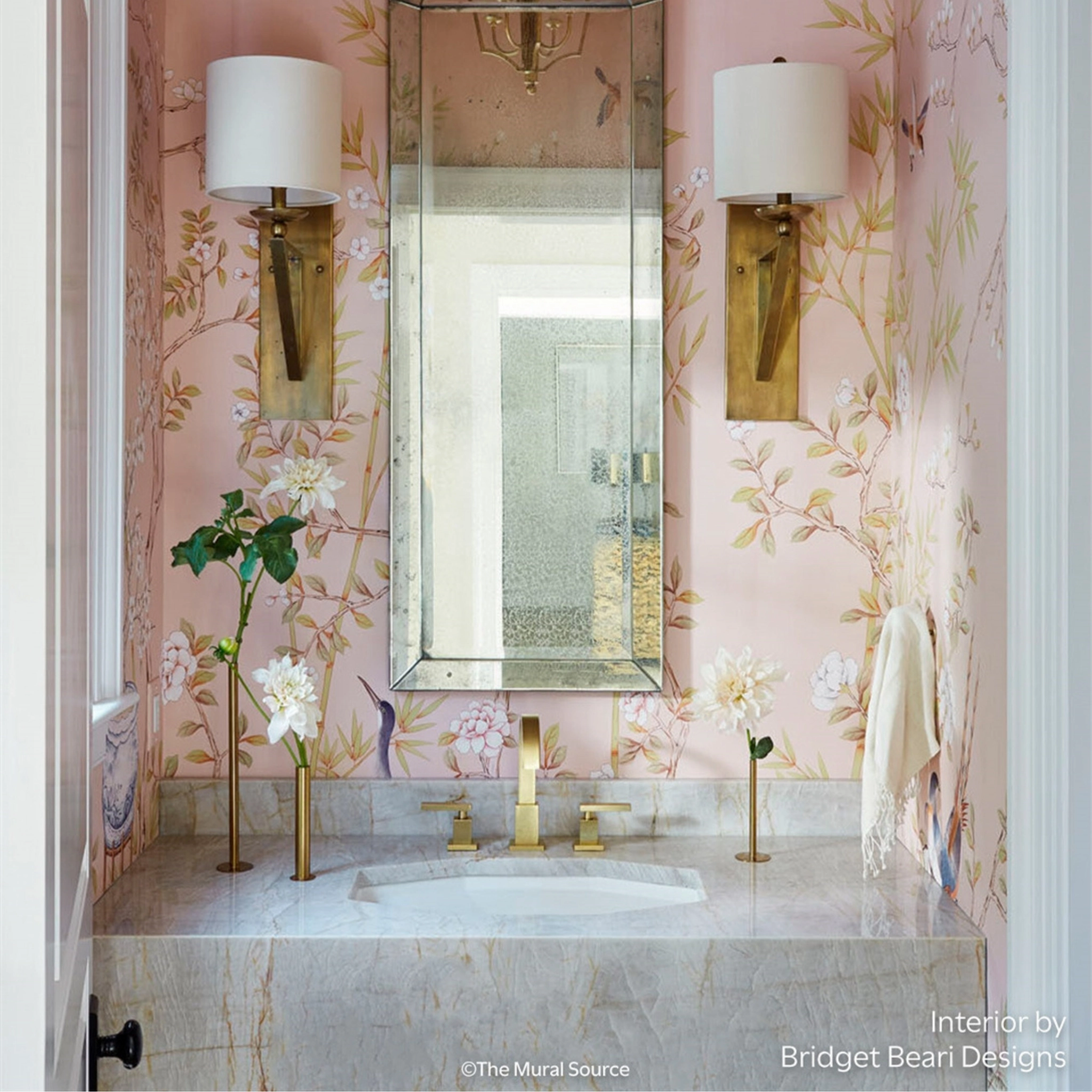 Chai Wan Triptych Chinoiserie Mural Wallpaper Panels in Rose