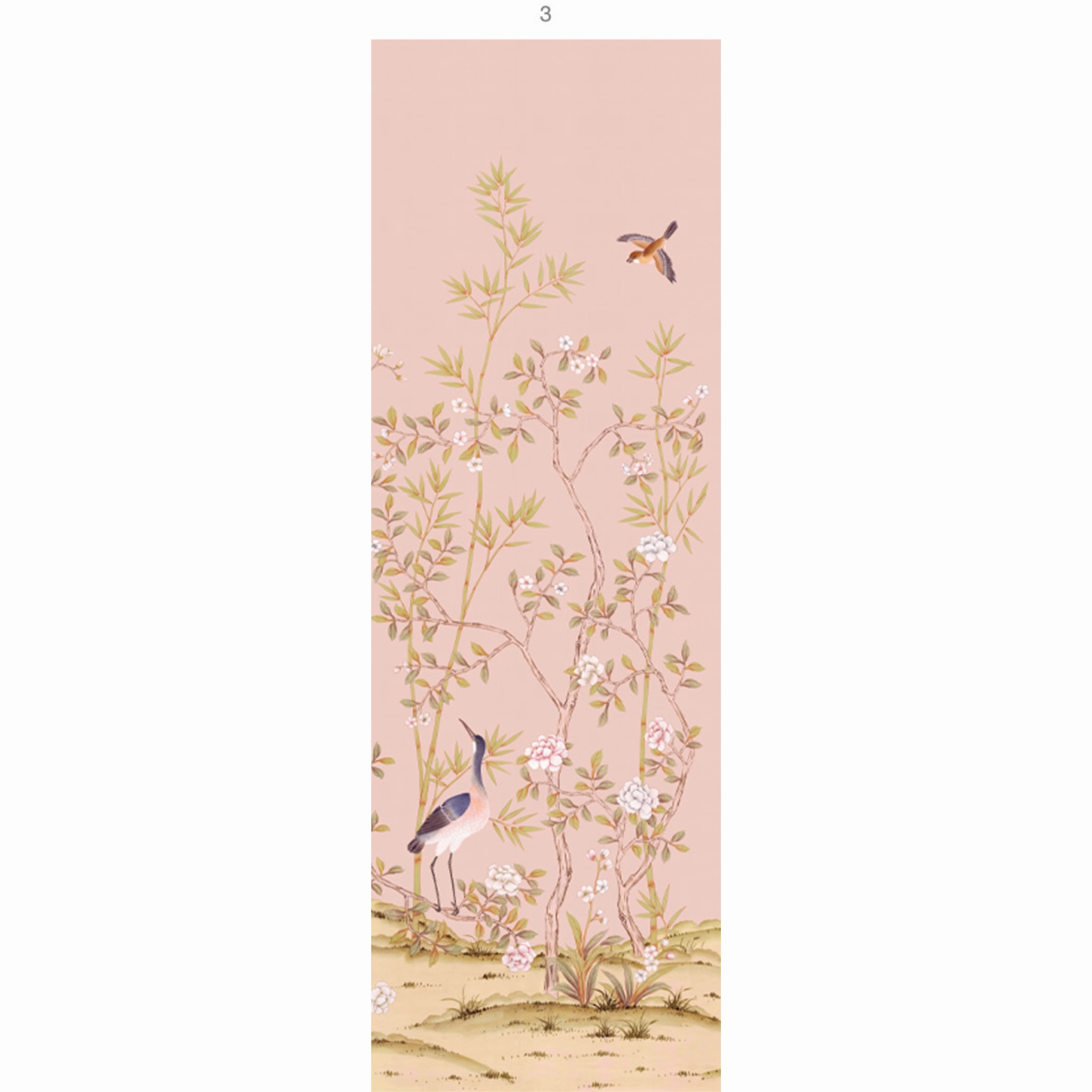 Chai Wan Triptych Chinoiserie Mural Wallpaper Panels in Rose