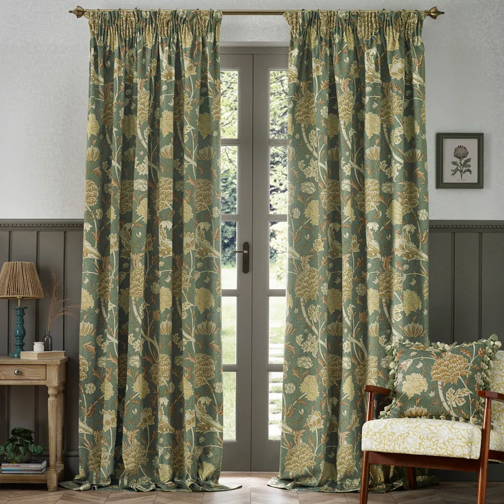 Cray Floral Velvet Pencil Pleat Curtains Sage/Sunflower