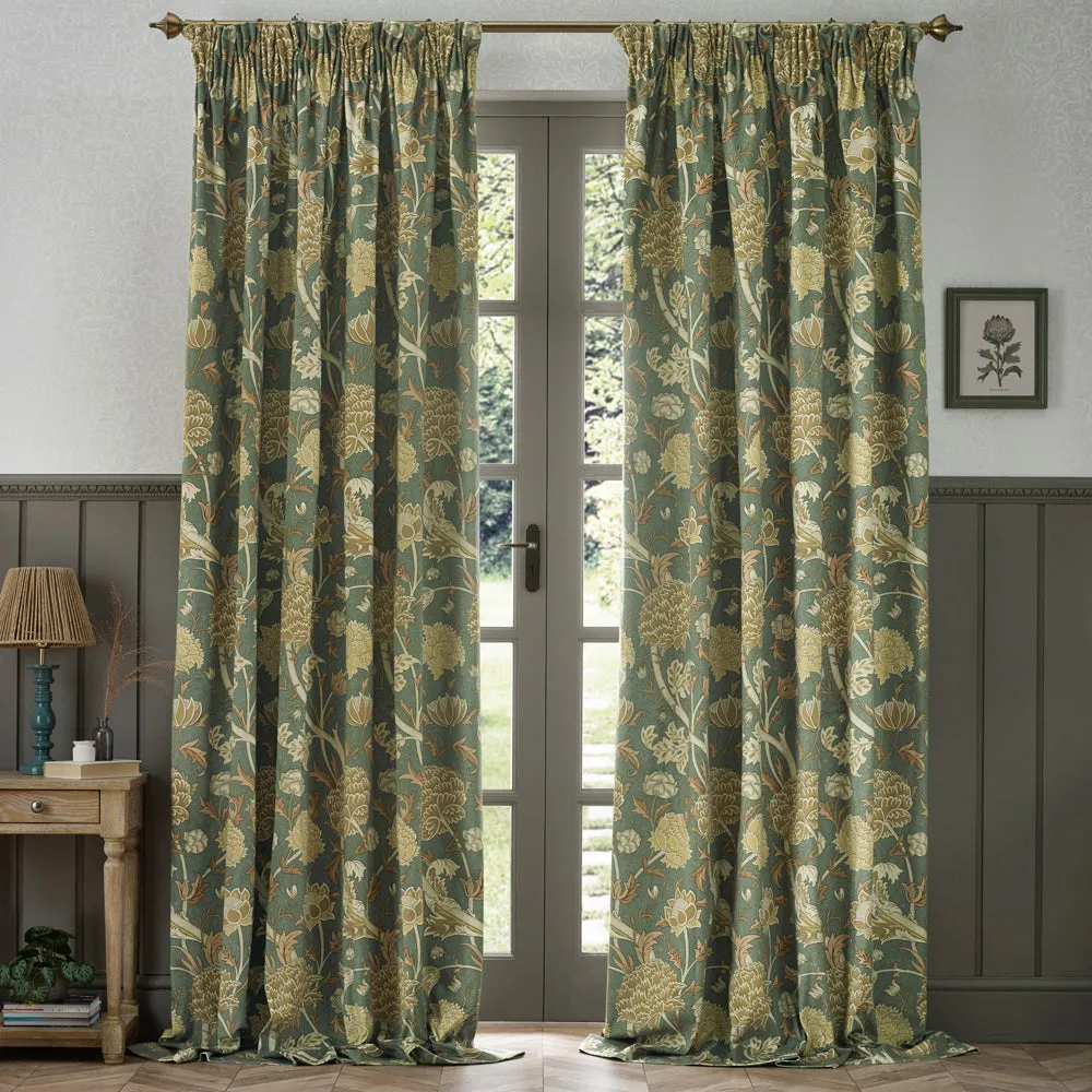 Cray Floral Velvet Pencil Pleat Curtains Sage/Sunflower