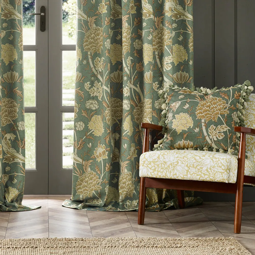 Cray Floral Velvet Pencil Pleat Curtains Sage/Sunflower